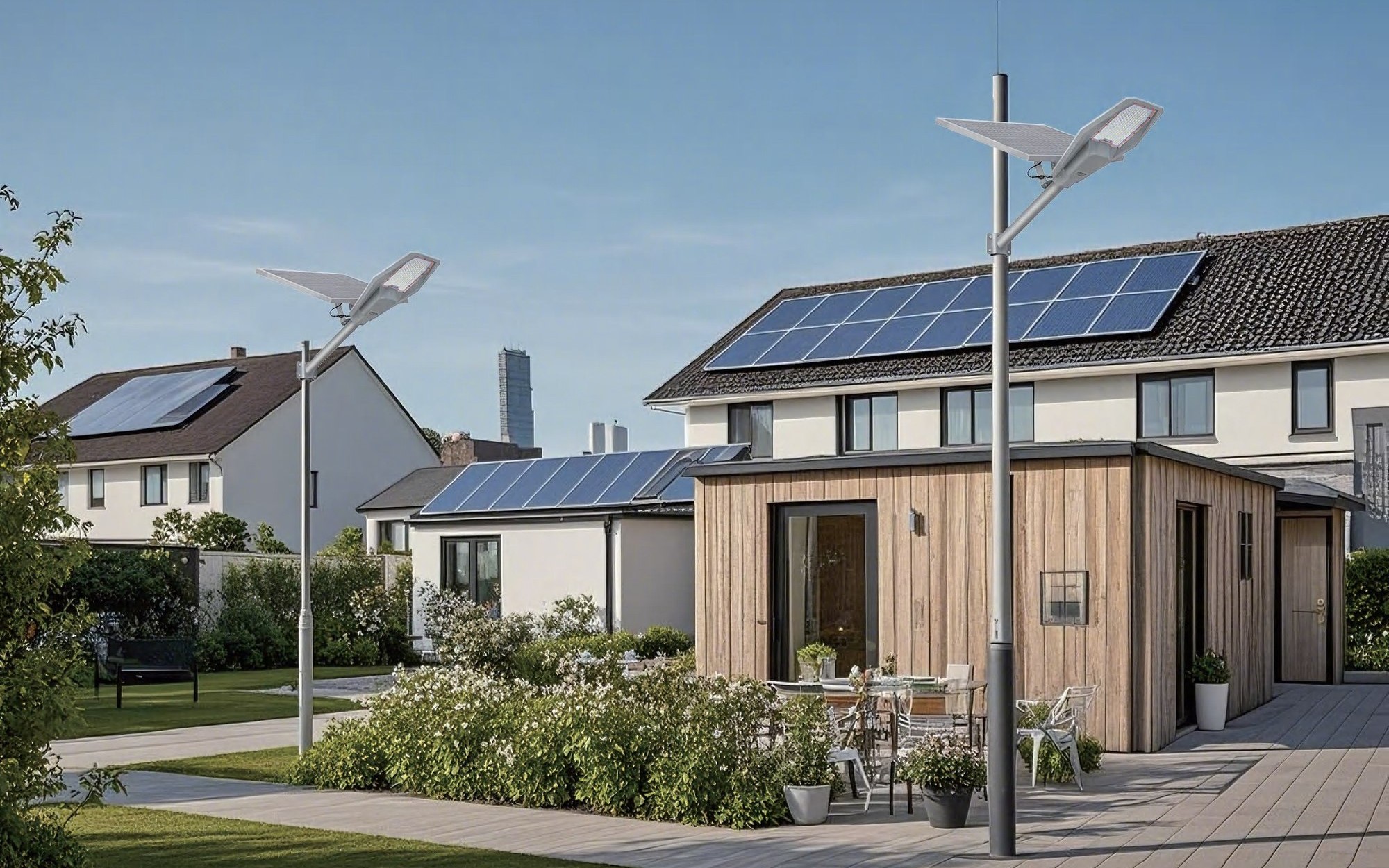 GOFA solar street lights along a residential street of houses with rooftop solar
