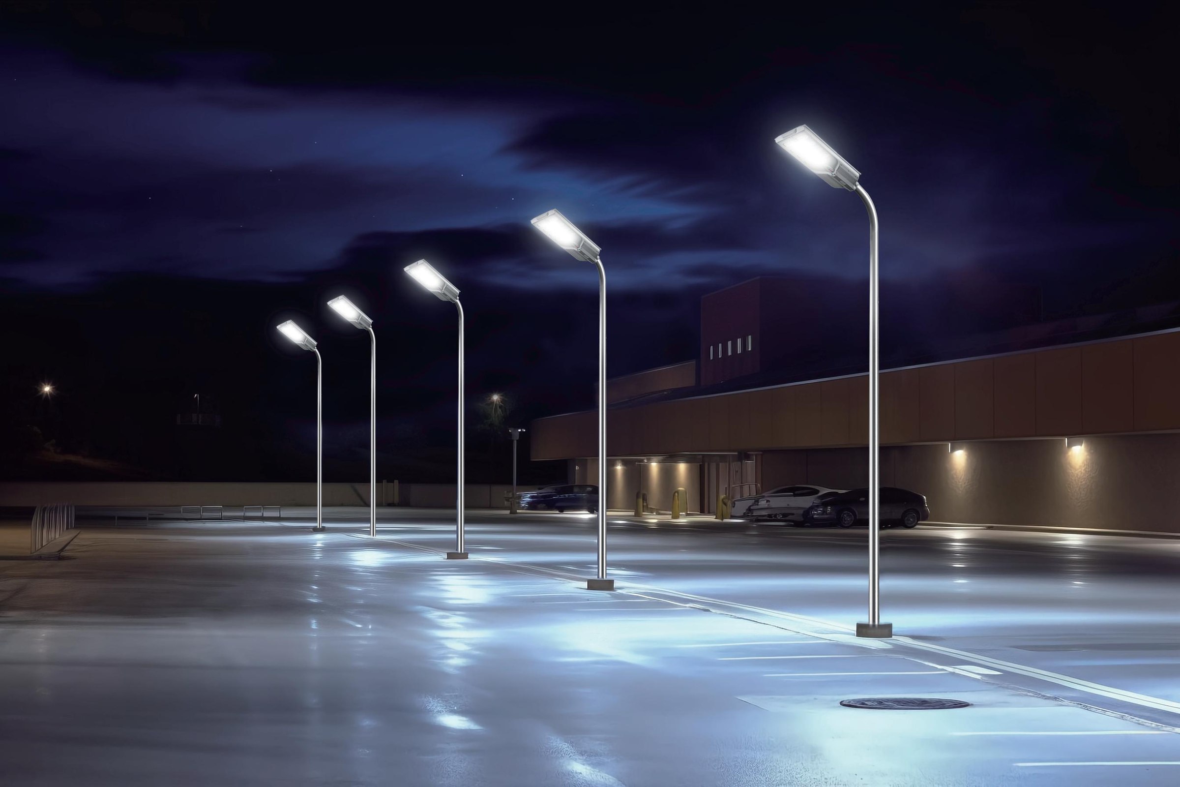 GOFA solar street lighting in a commercial car park at night