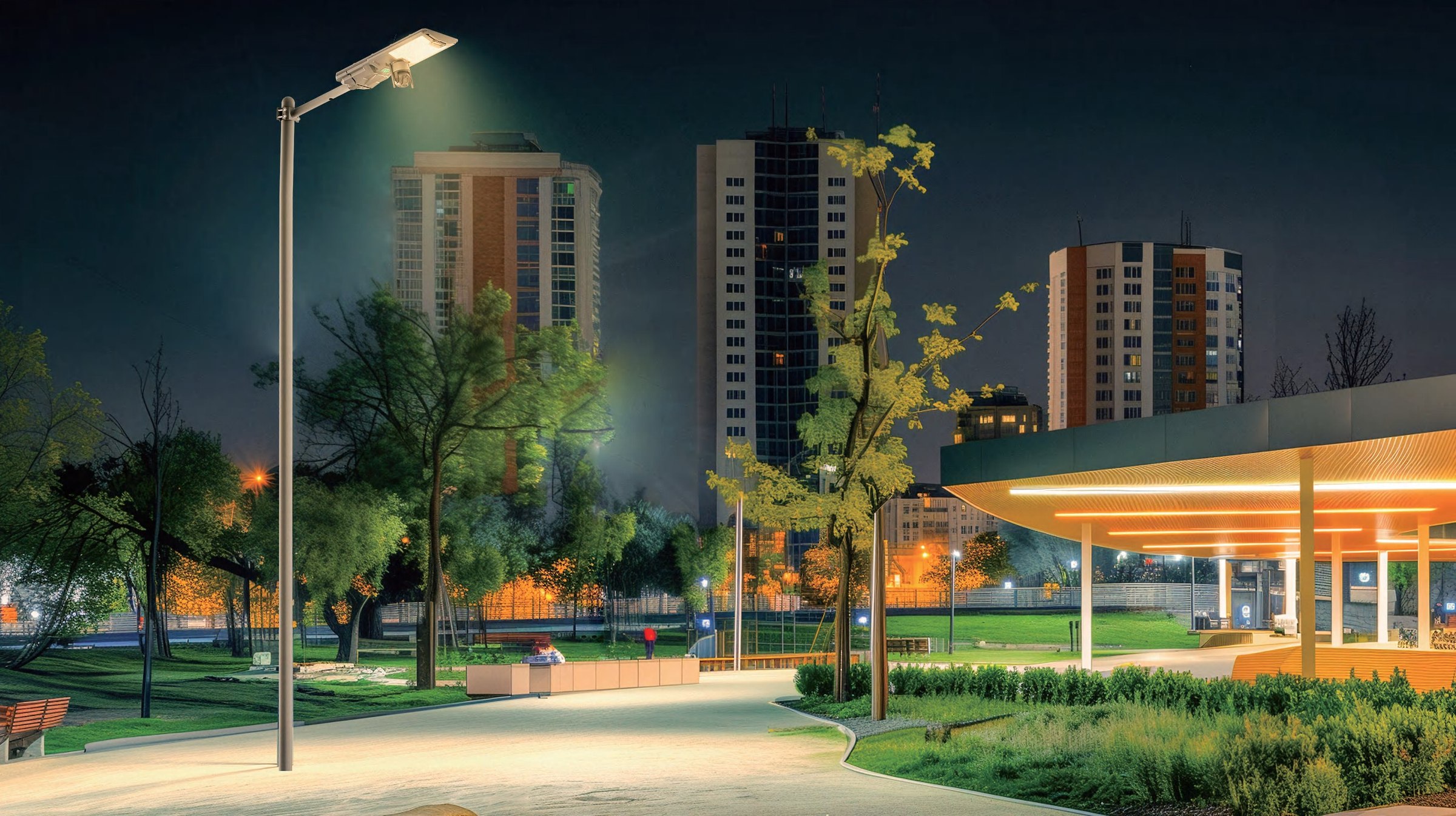 GOFA solar street lighting along an urban park walkway at night