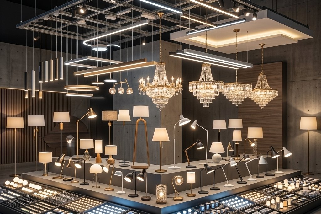 GOFA lighting range — chandeliers, pendants, floor and desk lamps